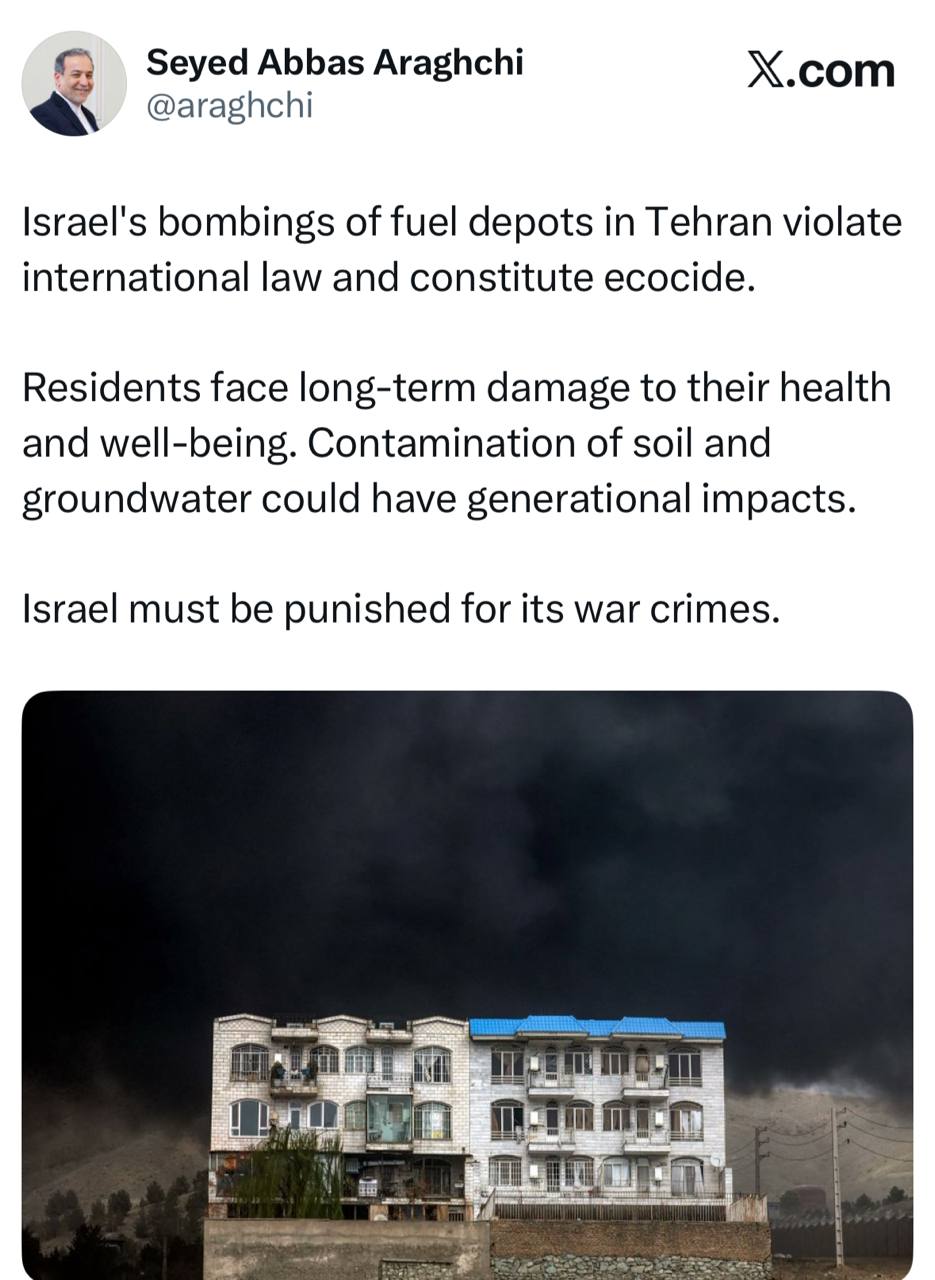 عراقجي: قصف خزانات الوقود في طهران جريمة ضد البيئة وانتهاك للقانون الدولي