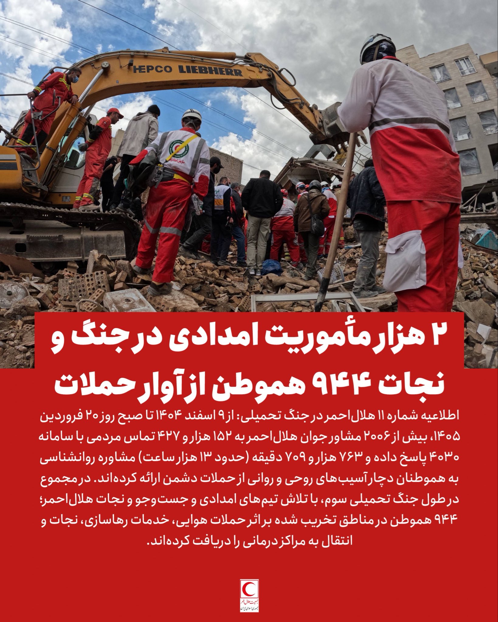 الهلال الأحمر الإيراني: تنفيذ 2000 مهمة إغاثية وإنقاذ 944 شخصًا من تحت الأنقاض منذ 28 فبراير