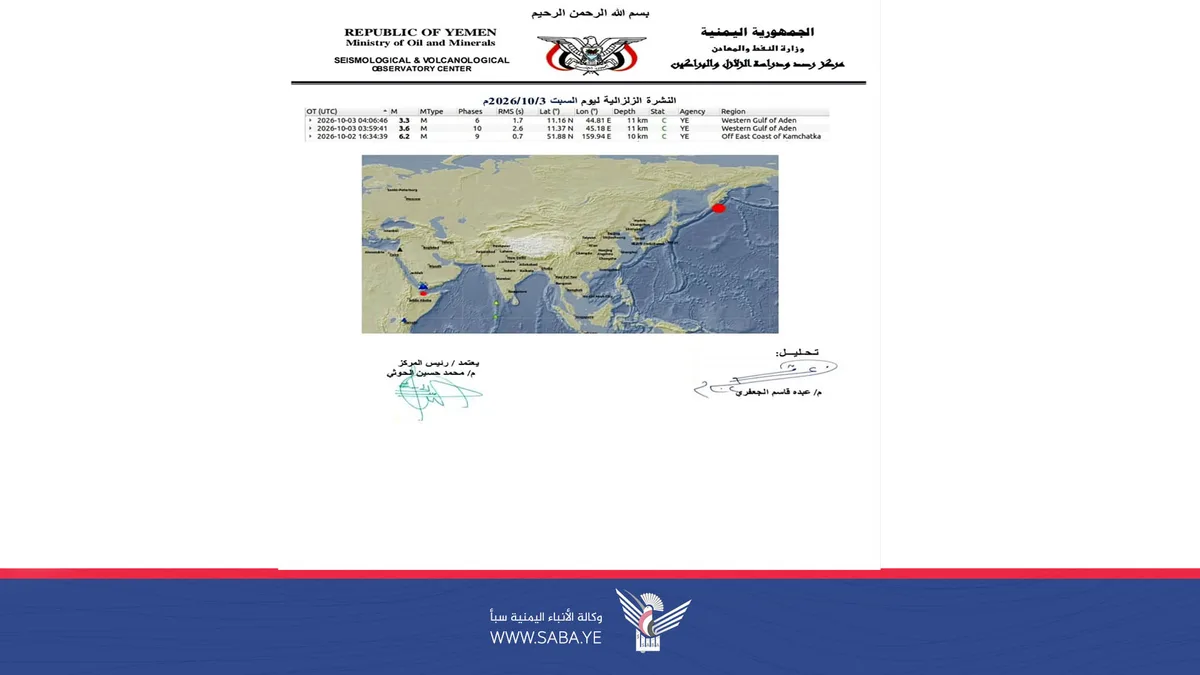 هزتان أرضيتان متتاليتان غرب خليج عدن بقوة 3.6 و3.3 درجة