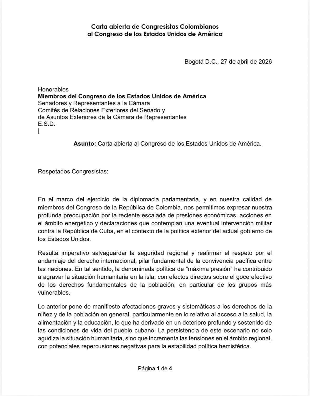 وزير الخارجية الكوبي يشكر برلمان كولومبيا على موقفه الرافض لتصعيد الحصار الأمريكي على كوبا