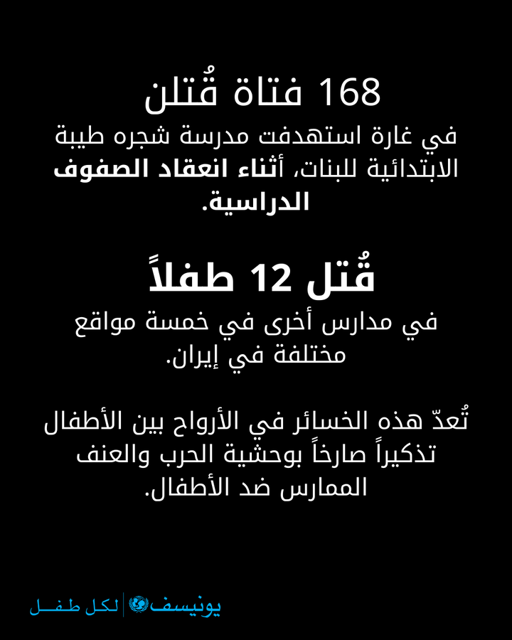 "يونيسف" عقب استشهاد 180 طفلاً بغارات على إيران: وحشية الحرب تُقاس بأرواح الأطفال