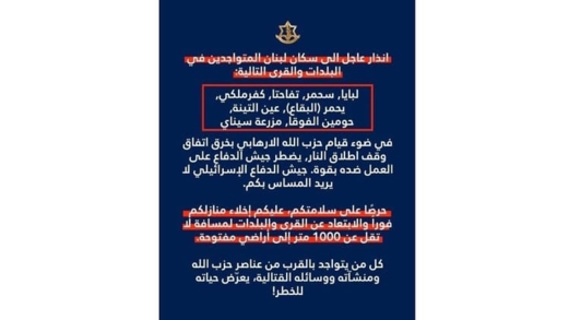 العدو الإسرائيلي يوجّه إنذارا بإخلاء 8 بلدات في الجنوب والبقاع اللبناني
